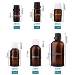 5ml 10ml 15ml 30ml 50ml 100ml Brown Essential Oil Glass Bottles with Plastic Tamper Proof Caps and Orifice