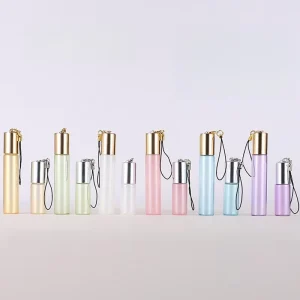 5ml 10ml Pearl Color Fluorescent Color Glass Roll on Bottle Luxury Roller Bottle With Pendant Keychain Lanyard Fob Lid for Oil