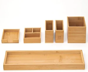 6 Piece Carved Bamboo Storage Tray Set Multi purpose Office Desk Organizer Bathroom Vanity Makeup Tray Kitchen Spice Rack