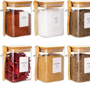 6 Piece Square Glass Jars Bamboo Lids Spoons 300 1600ml Large Capacity BPA Free Dishwasher Safe Moisture Proof Kitchen