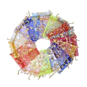 7*9Cm Heart Organza Hot Stamped Jewelry Candy Gift Pouches Drawstring Wedding Favor Bags TJSBD0709 Made Zhejiang
