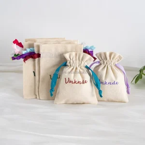 8*10 cm Ecofriendly Nature Cotton Canvas Jewelry Package Drawstring Pouch with Ribbon Beige Organic Cloth Fabric Small Dust Bags