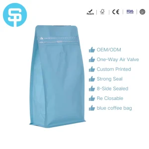 8-Side Tear Zipper Sealed Flat Bottom Stand up Pouch Bag Custom Blue Coffee Bag Plastic Coffee Bag with Valve