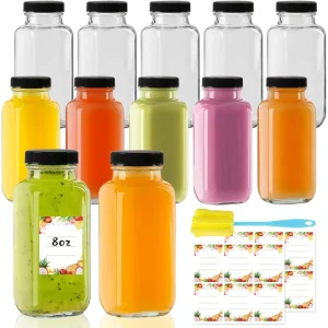8 oz Glass Juice Bottles with Lids 12 Pack Reusable Gold Stamped Small Juice Drinking Jars for Green Juices Shots & Smoothies