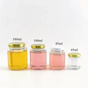 85ml 180ml 380ml 500ml Empty Hexagon Glass Jar Food Jar Honey Jar Jam Pickles Jar Storage Jar with Metal Lid