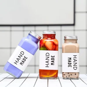 8oz 12oz 16oz Cold Pressed French Square Glass Juice Bottle with Plastic Lid