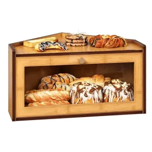 90 Degree Corner Bamboo Bread Box With Large Clear Window Two Tone Space Saving Kitchen Countertop Organizer Bin