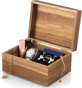 Acacia Wood Memory Box Hinged Lid Lockable Keepsake Box Solid Wood Decorative Storage Gift Box for Jewelry Photo Wedding