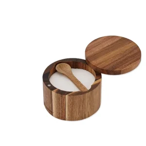 Acacia Wood Salt Cellar Bowl Box Built in Spoon Swivel Magnetic Lid Airtight Design Elegant Kitchen Container