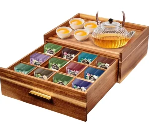 Addreen Acacia Wood Tea Bag Organizer with Drawer 8 Compartment Tea Bag Storage Box Countertop Tea Caddy Holder Container