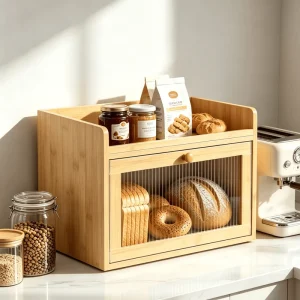 Addreen Large Capacity Natural Moso Bamboo Bread Storage Box Detachable Fruit Basket Magnetic Wave Acrylic Visible Door