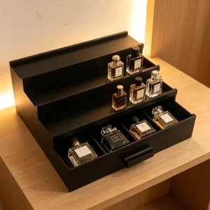 Addreen Multi Tier Black Wooden Perfume Organizer Drawer Storage Box Divided Compartment Vanity Display Case