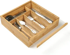 Adjustable Bamboo Cutlery Drawer Expandable Kitchen Bedroom Storage Organizer for Fork Spoon Chopsticks Wood Tray