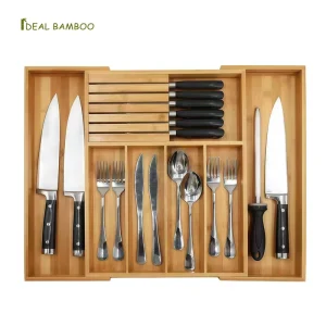 Adjustable Expandable Bamboo Knife Drawer Organizer Multi Functional Divided Kitchen Utensil Storage Box