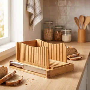 Adjustable Natural Bamboo Bread Slicer Bamboo Wooden Dessert Cutting Board Guide with Stainless Steel Knife for Homemade Kitchen