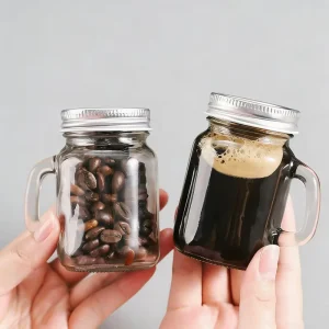 Airtight Aluminum Lids 1.5oz 4 oz Mini Mason Glass Jar Mugs with Handle for Jams Honey Spices & Dried Snacks Food Storage