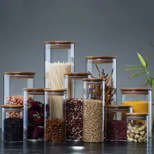 Airtight Cylinder Eco Friendly High Borosilicate Glass Food Storage Containers with Bamboo Lid for Sugar Snack Cookies Nuts Rice