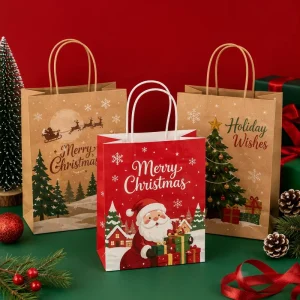 Allwin Packfactory Custom Logo Eco Friendly Kraft Paper Bags With Twisted Handle for Christmas Candy Gift Treat Bags
