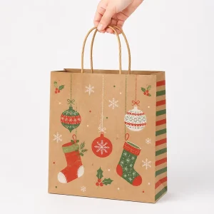 Allwin Packfactory Eco Friendly Biodegradable Custom Logo Kraft Paper Bags with Jute Handle for Christmas Tree Farm Gift Shop
