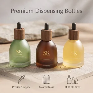 Amber Frosted Glass Dropper Bottle 30ml 50ml 120ml Empty Refillable Vial with Wooden Cap for Essential Oil Serum UV Protection