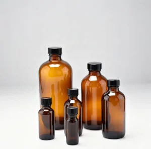 Amber Glass Bottles with Black Screw Caps Multi Size for Essential Oils & Chemicals