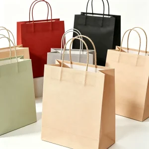 Assorted Colored Blank Kraft Gift Bags Natural Twisted Paper Handles Customizable Logo for Wedding Present Bulk Packaging