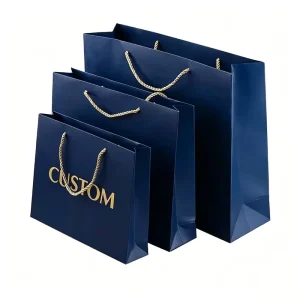 Assorted Sizes Deep Blue Shopping Tote Bags With Gold Paper Twine Handles Custom Gold Foil Brand Logo Print for Luxury Holiday