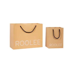 Assorted Sizes Natural Kraft Paper Bags With Black Rope Handles Custom White Simple Brand Text Print for Gift Packaging