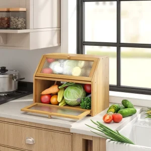 Bamboo 2-Layer Large Bread Box Bin with Acrylic Door for Kitchen Countertop Storage Food-Grade Custom Logo OEM