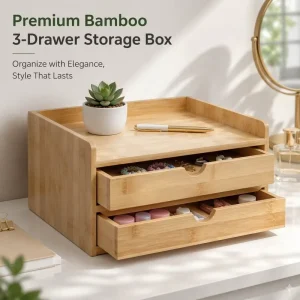 Bamboo 3-Drawer Storage Box Multi-Functional Desktop Organizer for Jewelry Cosmetics & Office Sustainable Wood Vanity Tray