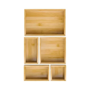 Bamboo 5 Stackable Multi Use Storage Bins Home Office Drawer Organizer Tray for Clothing Kitchen Utensils Wooden Bathroom