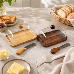 Bamboo Acacia Wood Butter Cheese Storage Box Transparent Dust-proof Cover Butter Knife Modern Minimalist Design Rectangular
