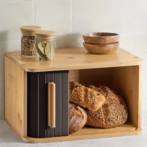 Bamboo Bread Box Desktop Dessert Pastry Storage Box with Door Kitchen Spice Jar Organization Household Solid Wood Baking Box