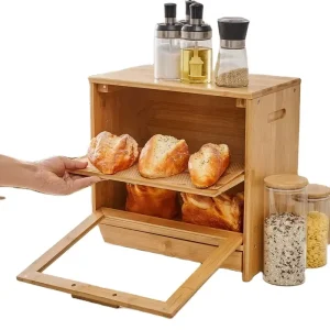Bamboo Bread Box Kitchen Bread Bin With Folding Lid 2 Layer Wooden Bread Boxes for Kitchen Countertop