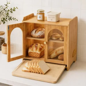 Bamboo Bread Box Kitchen Bread Storage Cabinet Bread Bin Bread Keeper with Pull Out Cutting Board & Top Shelf for Countertop