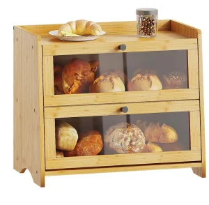 Bamboo Bread Box Kitchen Countertop Extra Large Foldable Multifunctional Bread Storage Container 2 Compartments Food Grade