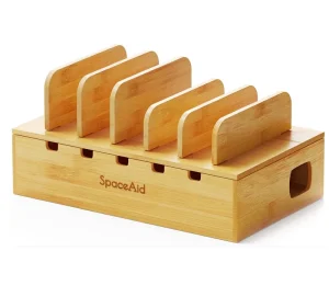 Bamboo Charging Station Organizer with Removable Dividers Multi Device Docking Station Cable Management Box for Cell Phone