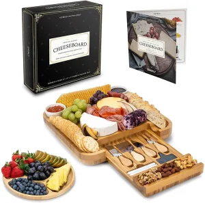 Bamboo Cheese Board and Knife Set 13 X 13 Inch Wood Charcuterie Platter for Wine Cheese Meat