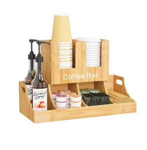 Bamboo Coffee Bar Organizer Condiment and Cup Storage Organizer Bar Accessories for Kitchen Office Home