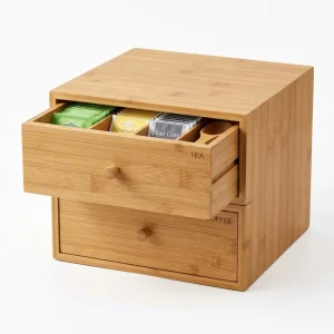 Bamboo Coffee Station Organizer 2 Drawer Tea Storage Box With Engraved Labels for Nespresso & K Cup Pods