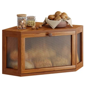 Bamboo Corner Bread Box Door Countertop Bread Storage Bin Space Saving Kitchen Organizer