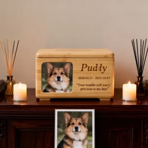Bamboo Cremation Urns for Animal Cat Dogs Ashes, Wooden Pet Memorial Keepsake Urns, Photo Box Pet Cremation Urn