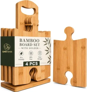 Bamboo Cutting Board Set with Stand 4 Interlocking Wooden Chopping and Serving Boards for Charcuterie Ready Use