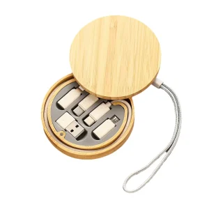 Bamboo Data Cable 6 in 1 Storage Box 60W Fast Charging Adapter Wooden Design White for Mobile Phones
