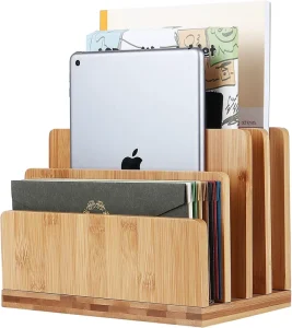 Bamboo Desk File Mail Organizer Living Room 4 Slot Wood Desktop Sorter Holder for Documents Envelopes Paper