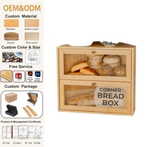 Bamboo Double Layer Large Kitchen Organizer Wooden Corner Bread Box Countertop Cabinet for Homemade Bread Food Storage