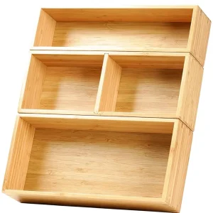 Bamboo Drawer Divider 2.5″ High Kitchen Office Desktop Clothing Makeup Anti Skid Feet Varnished 3 Rearrangeable Bins
