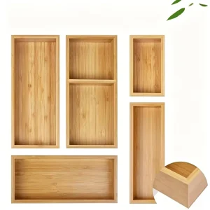 Bamboo Eco-Friendly Modern Drawer Organizer Set 5 PCS Multi-Use Wood Storage Organizers with Divider Trays