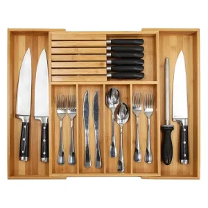 Bamboo Expandable Adjustable Cutlery Tray Kitchen Drawer Organizer Removable Knife Block Customized Size Multi functional