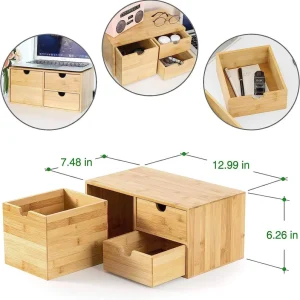 Bamboo Handmade 3-Drawer Desk Organizer School Storage Box Multiple Compartments for Office Supplies Stationery Cosmetics